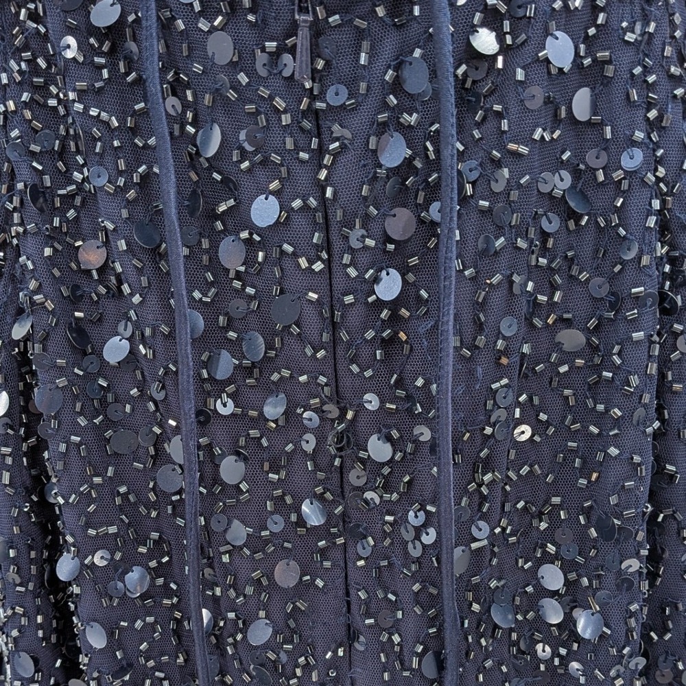 Prom Wedding Blue Gold All Over Sequins Beads Lace Up Back Floral Slit 12 Dress - Picture 6 of 14